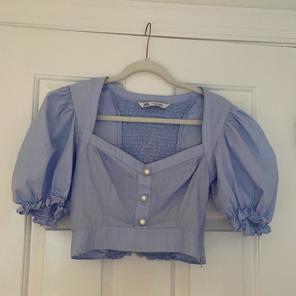 Zara Blue Puff Sleeve Crop Top